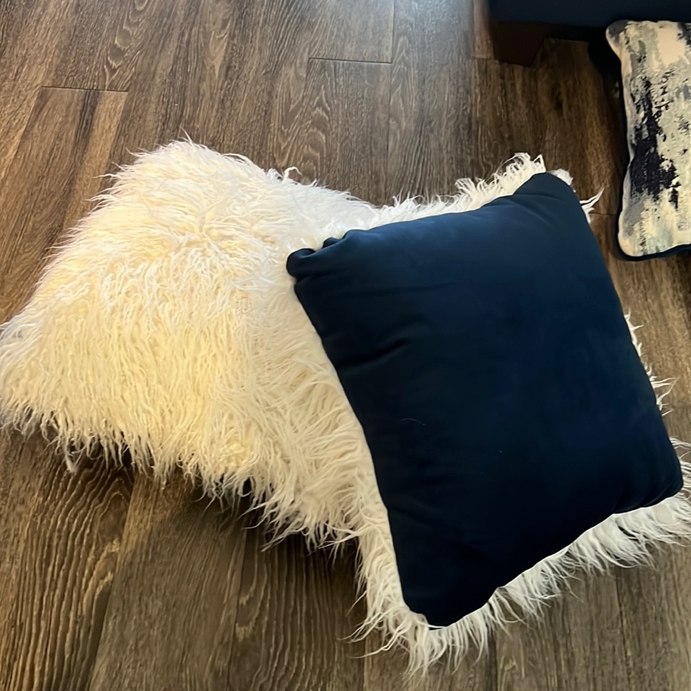 Super cute furry pillows! Faux fur and blue velvet. 19x19